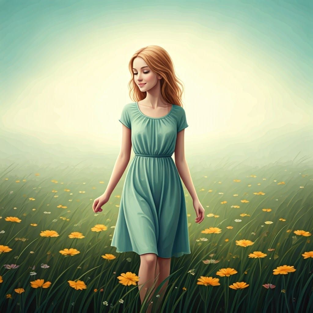 Ethereal Woman in Misty Meadow, Impressionistic Digital Art