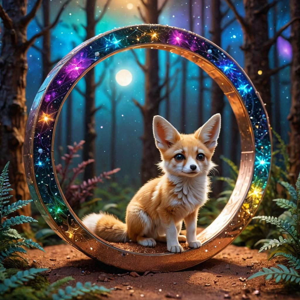Cute Fennec Fox Cub in Iridescent Ring, Digital Art