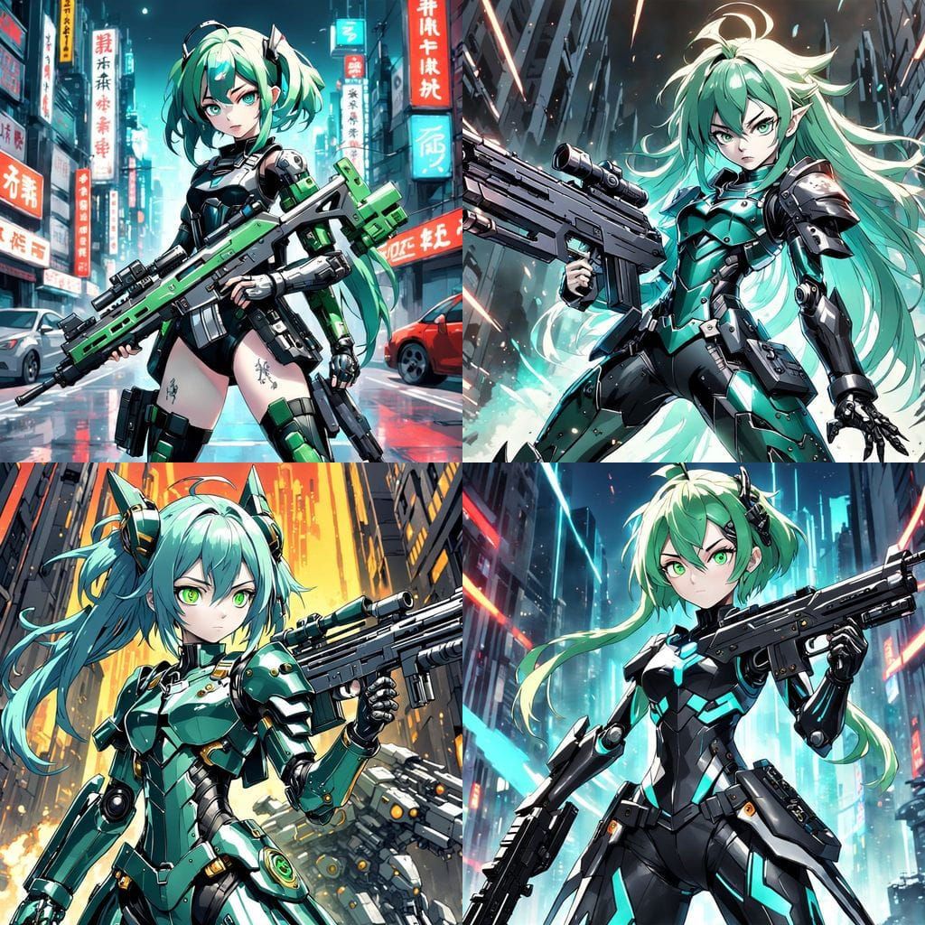 Cyberpunk Gynoid with Cyan Eyes Wields Sub-Machine Gun in Da...