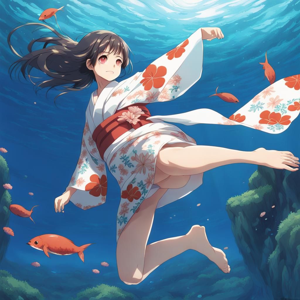 Barefoot Girl Underwater in Kimono: Anime Style