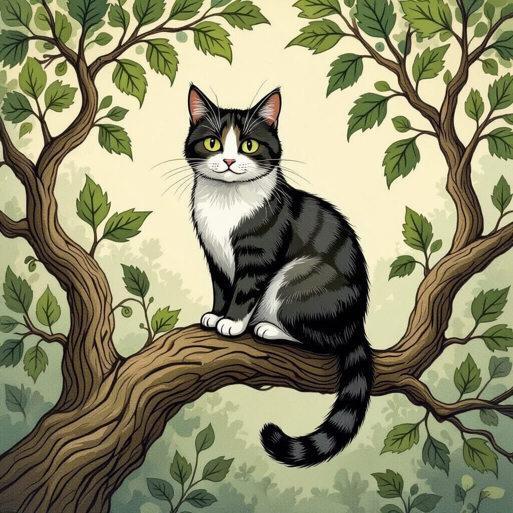 Whimsical Cat on Branch in Illustrative Style