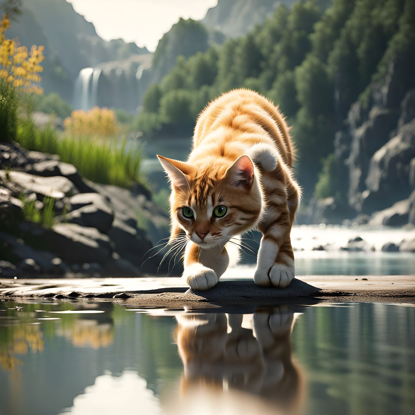Cat Gazing at River Reflection in Splash Art Style