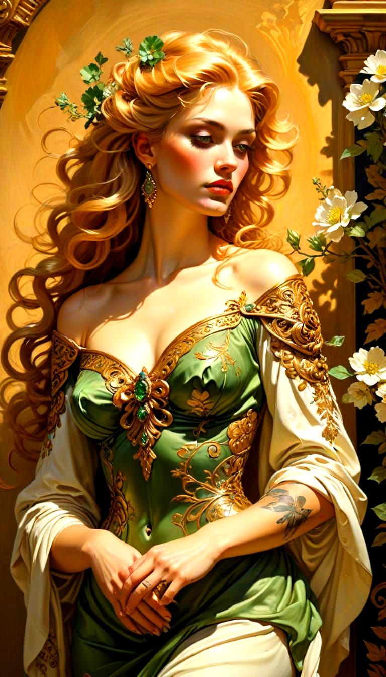 Goddess with Chamomile Tattoos in Baroque Style