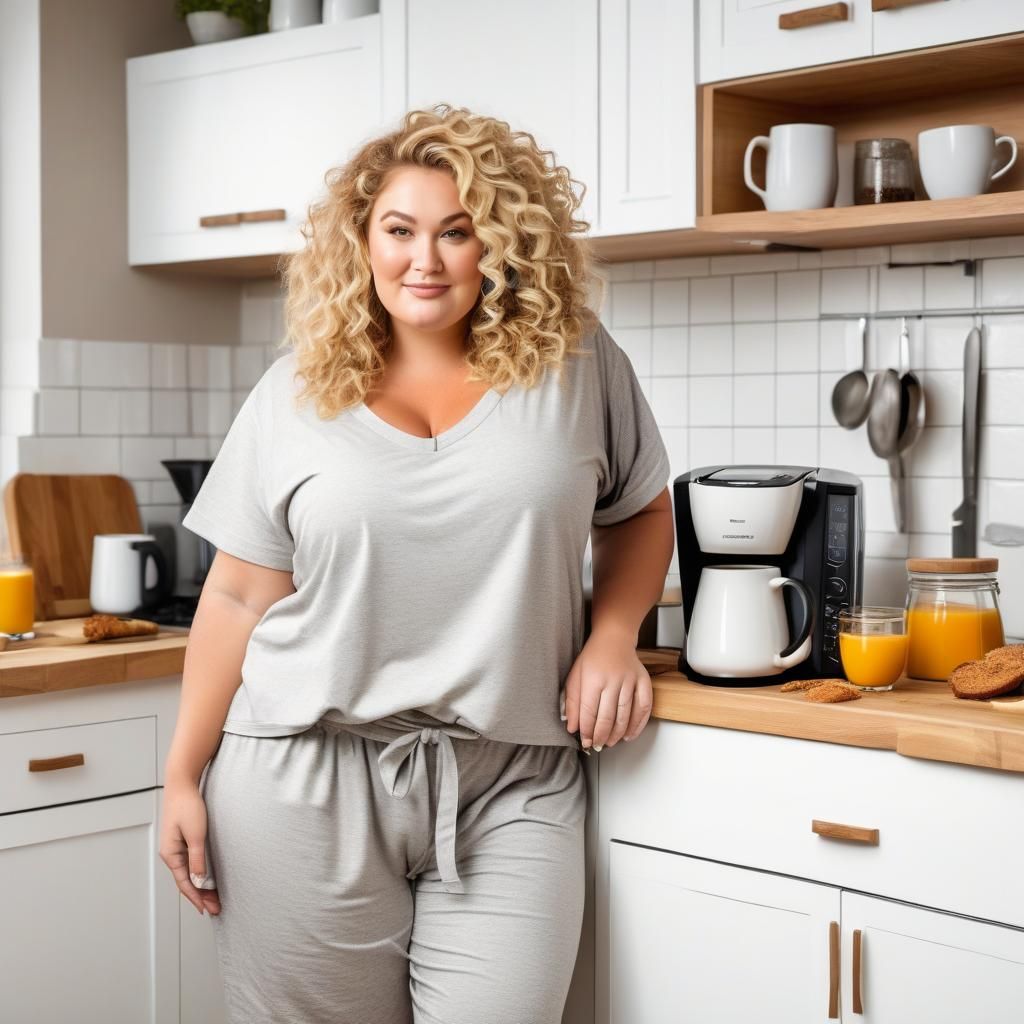 Curvy Woman Makes Breakfast in Elaborate Kitchen