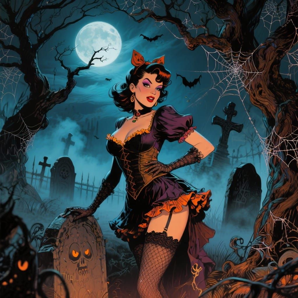 Spooky Halloween Pin-Up Girl in Moonlit Graveyard