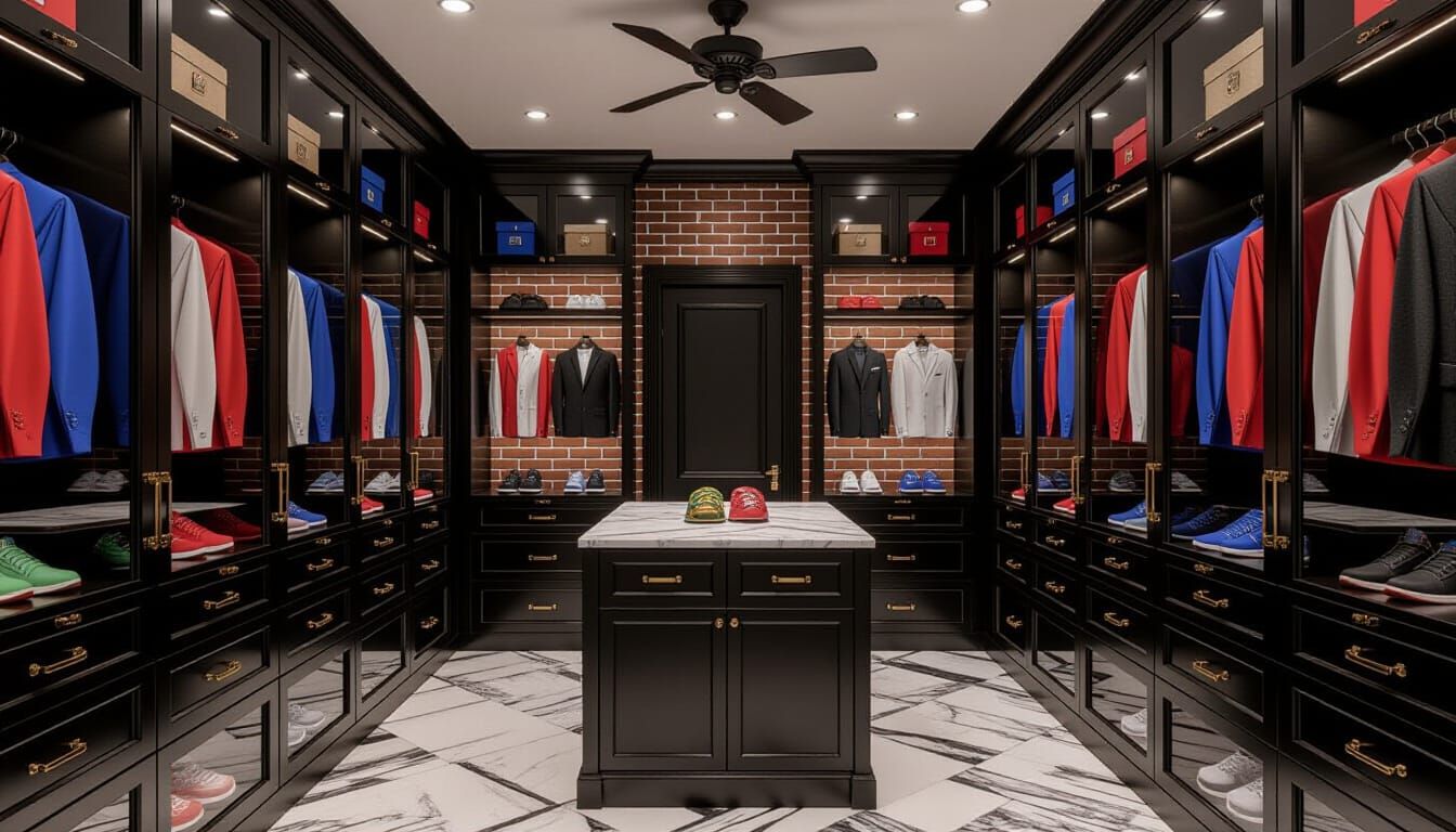 Victorian Walk-In Closet with Black Glass and Sneakers