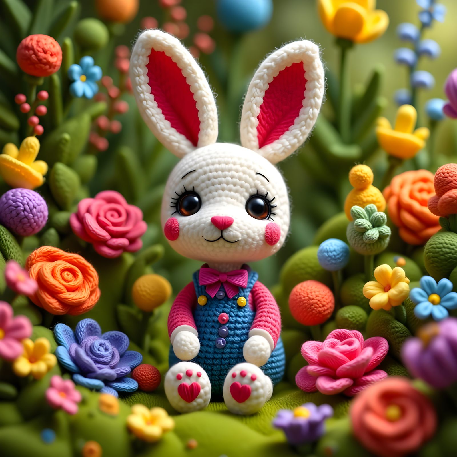 Charming Yarn Garden with Chibi Rabbit and Whimsical Flowers