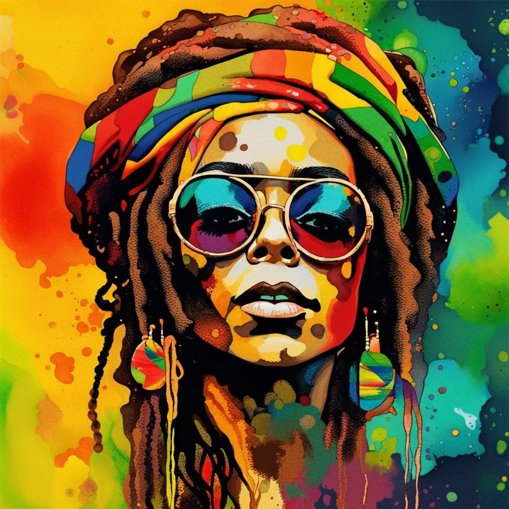Psychedelic Rastafarian Woman Portrait in Expressionist Wate...