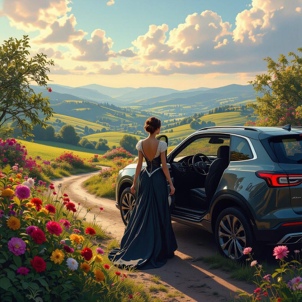 Elegant Woman in Garden, Fantasy Concept Art