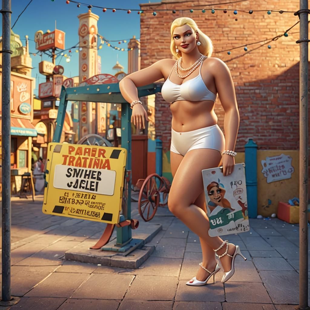 Blonde in Tanga and Heels in Toon City, 3D Digital Art