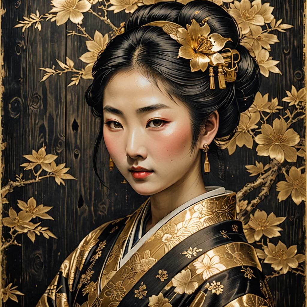 Gilded Japanese Woman on Antique Wood Print