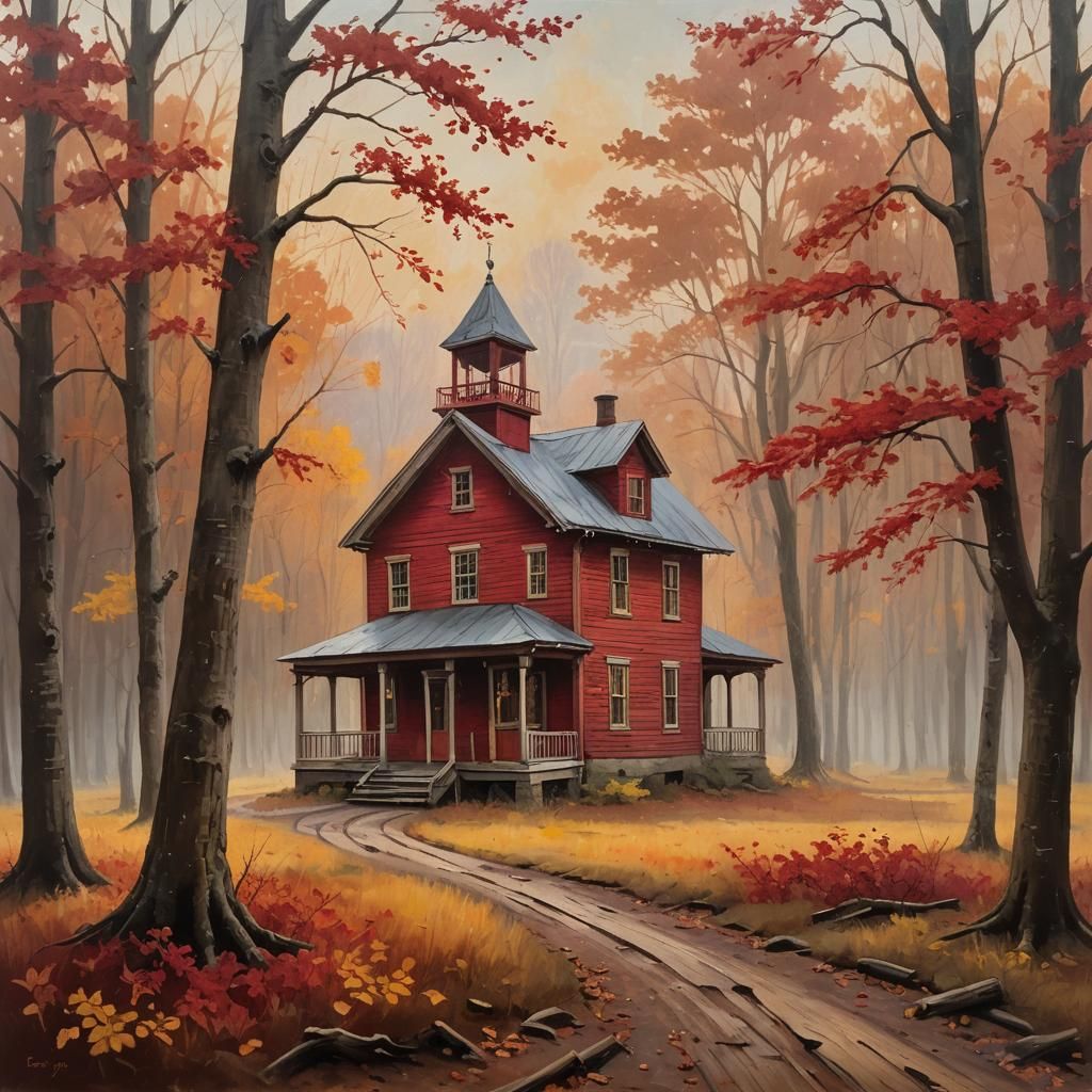 Red Schoolhouse in Autumn Woods, Folk Art Style