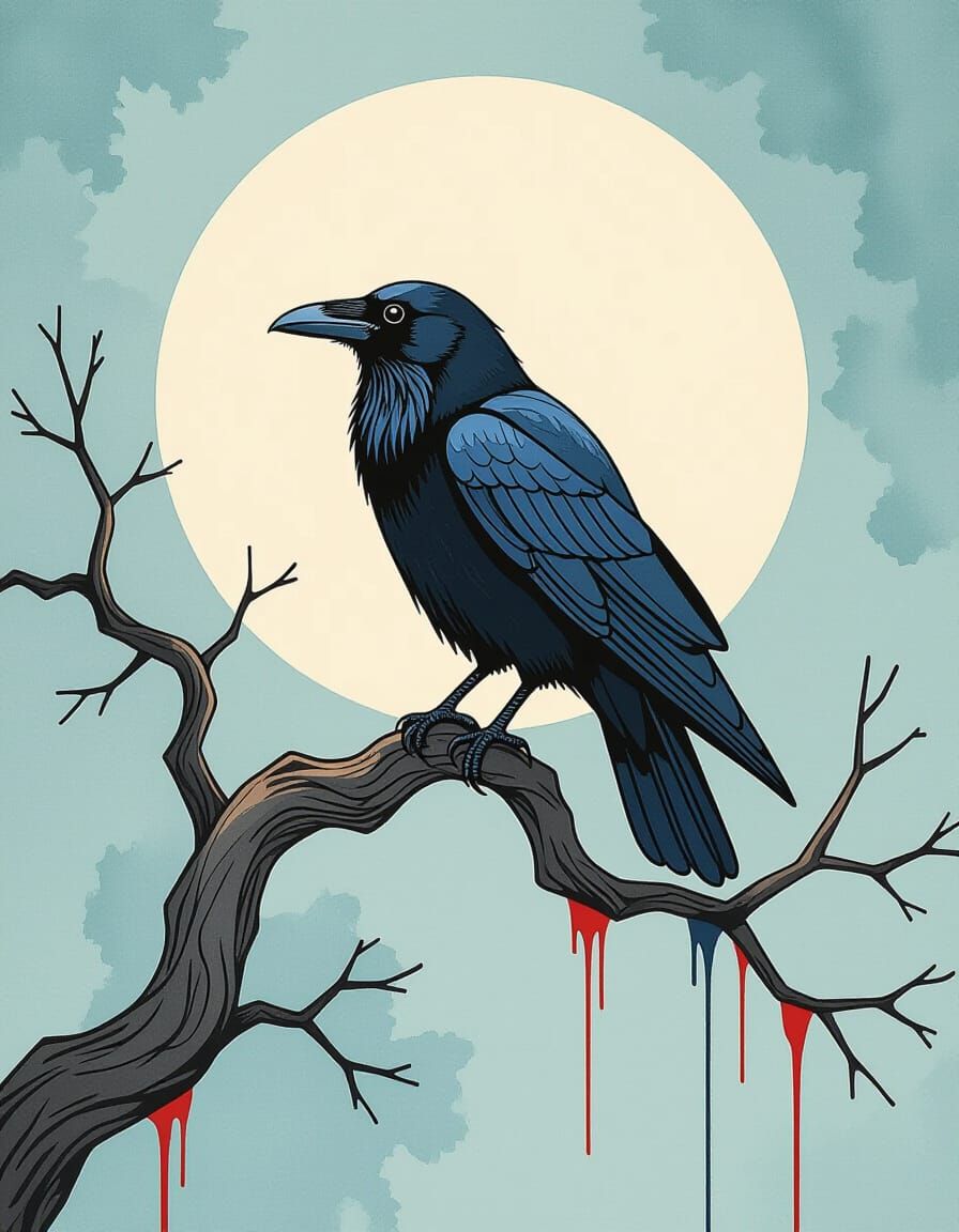 Raven on Branch in Pen and Ink Style