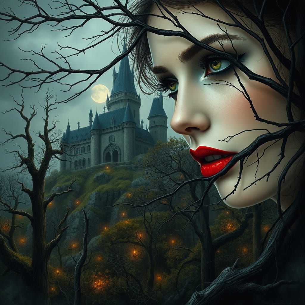Woman Merges with Dark Gothic Castle in Impressionist Hyperr...