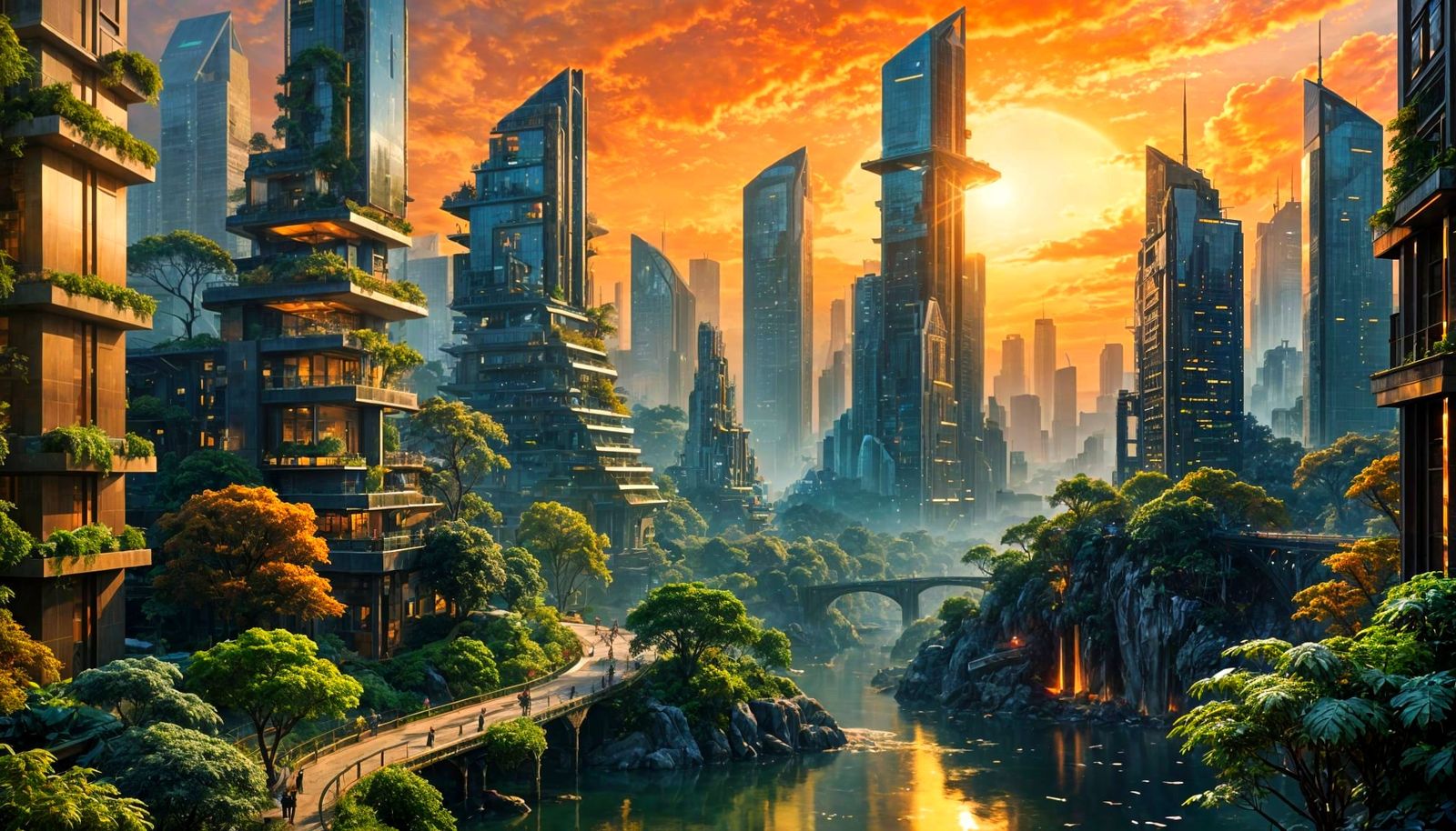 Surreal Nature Harmonizes with Futuristic Solarpunk Cityscap...