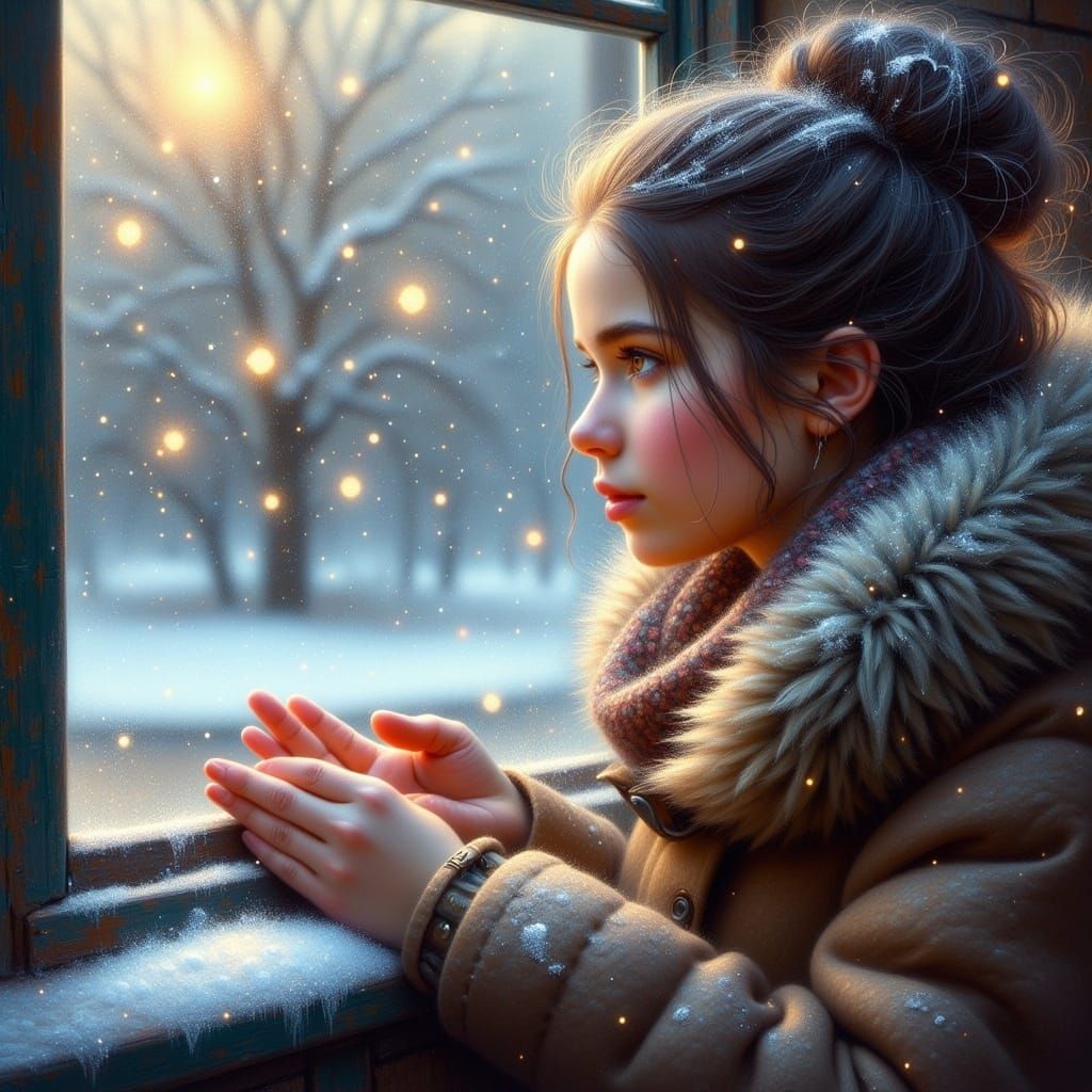 Young Woman Lost in Winter Reverie
