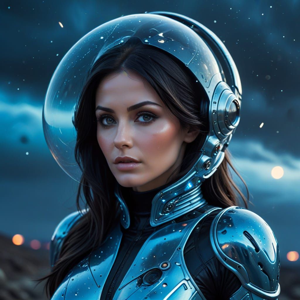 Lucy-Like Alien Explorer in Neon Blue Latex Suit