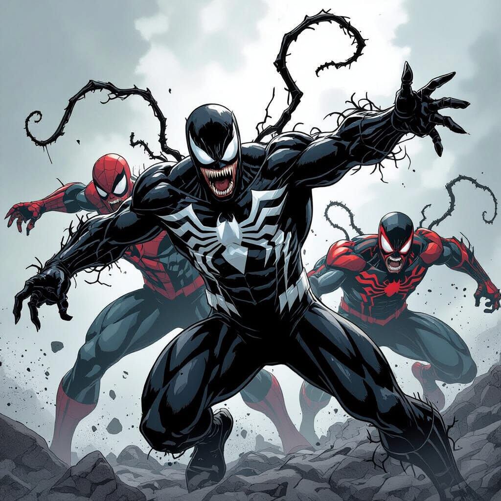 Avengers Infested by Symbiotes in Dark Comic Style
