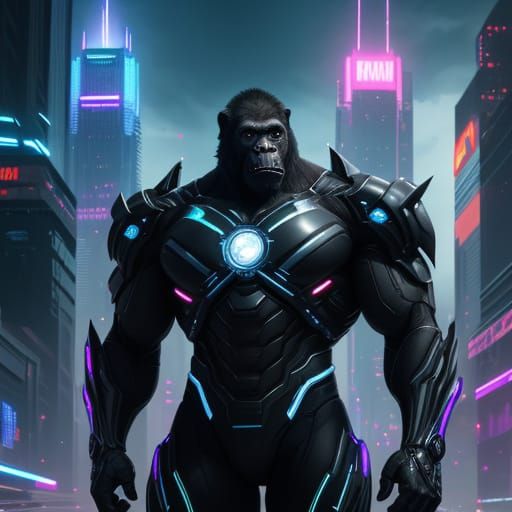 Gorilla Man in Futuristic Sci-Fi Cityscape