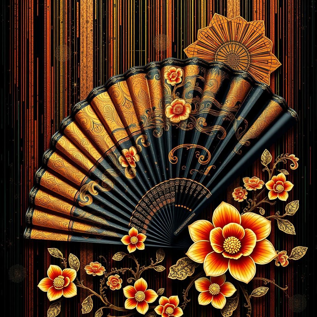 Intricate Oriental Fan with Glitch Background