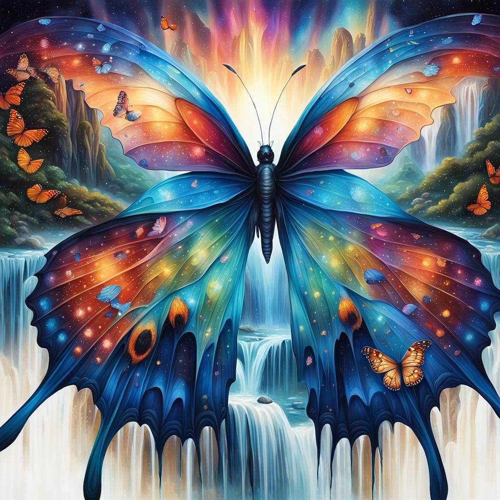 Magical Nighttime Waterfalls Reflected on Butterfly Wings