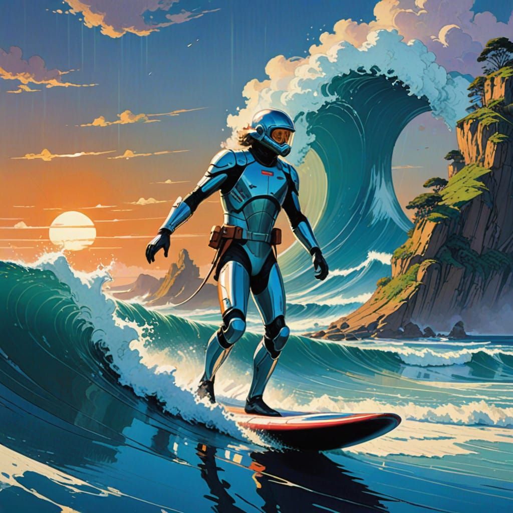 Baroque Surfer Rides Moebius Waves in Vibrant Dreamscapes