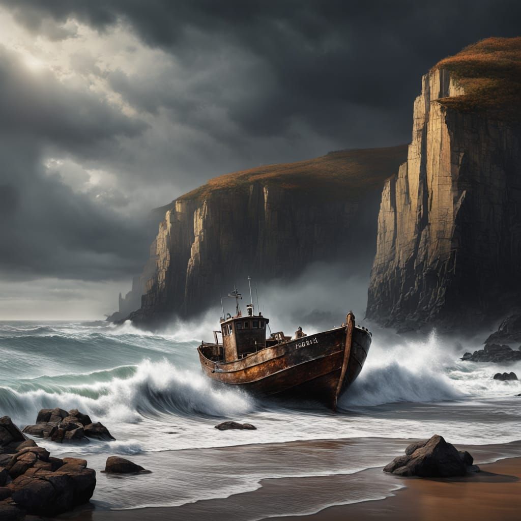 Dark Fantasy Fishing Boat on a Rocky Shore