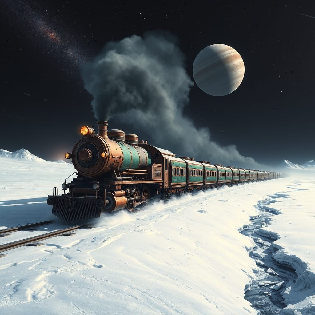 Steampunk Train on Europa in Epic Fantasy Style
