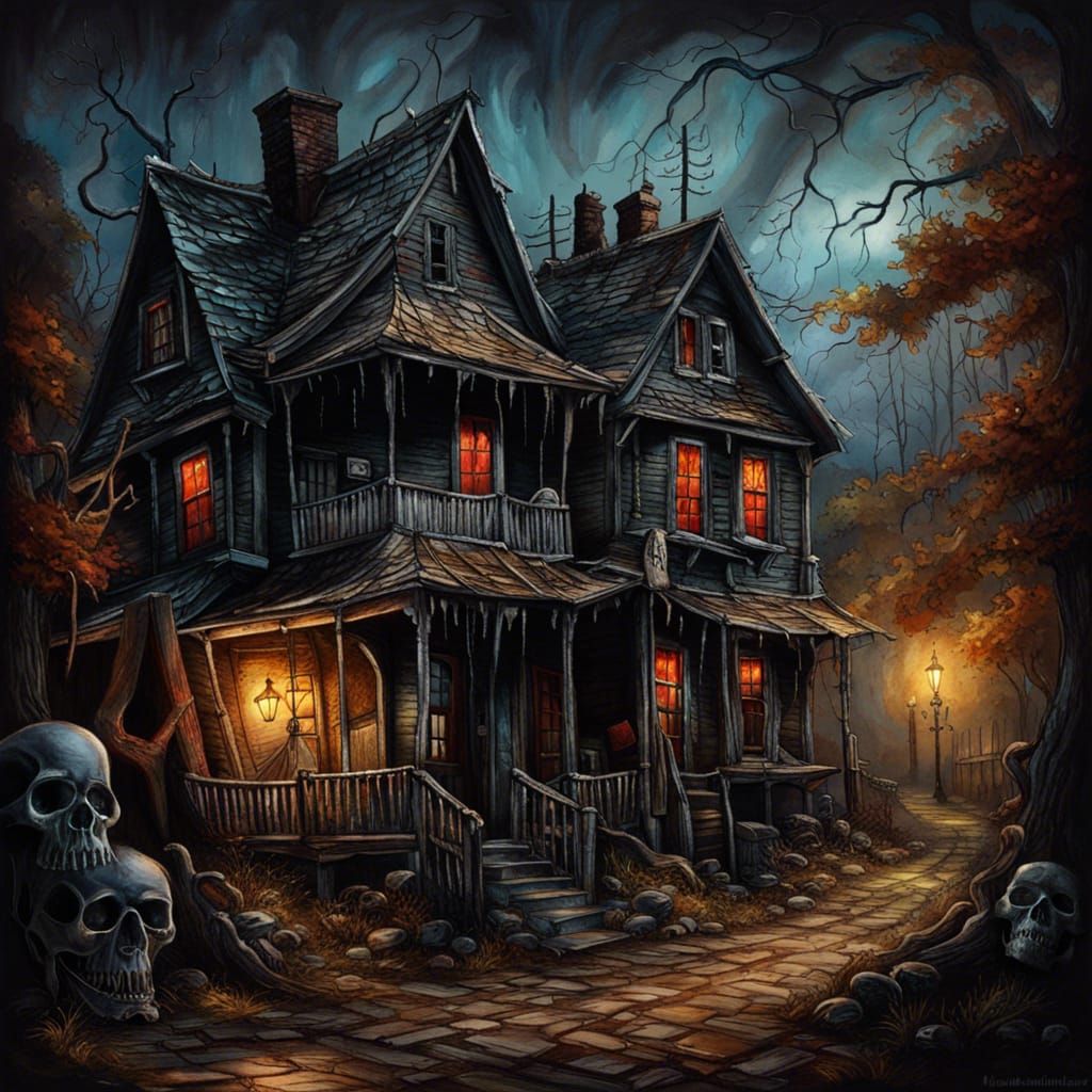 No lamplight, haunted village street, haunted houses, skull and bones, gost
 Hyperrealistic, splash art, intricately det...