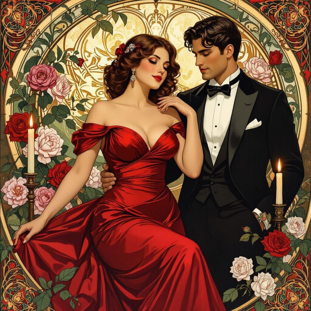 Elegant Couple Surrounded by Flowers, in Art Nouveau Style