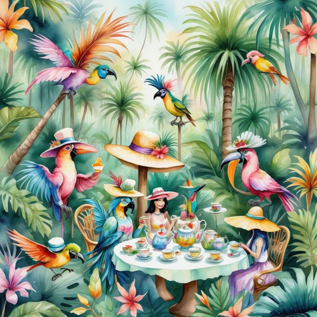 Tropical Birds Attend Palm Tree Tea Party