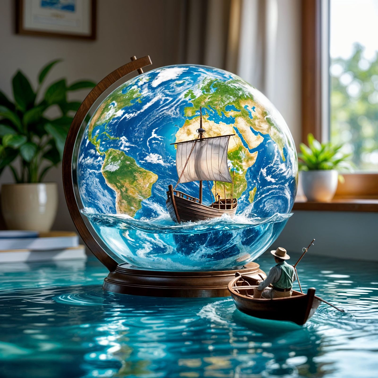 Fisherman in Boat on Desk with Transparent Globe and Spring ...