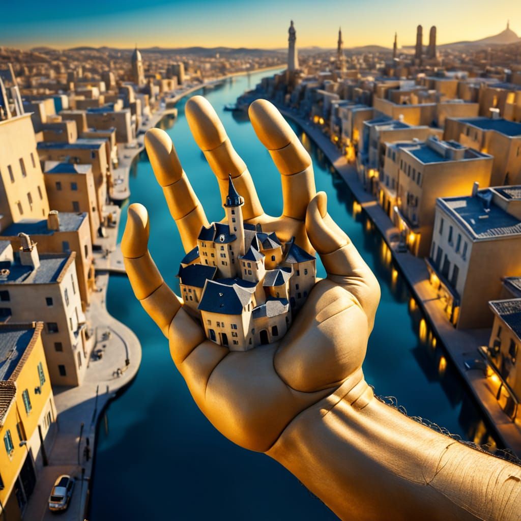 Giant Hand Holds City in Surreal Dreamscape