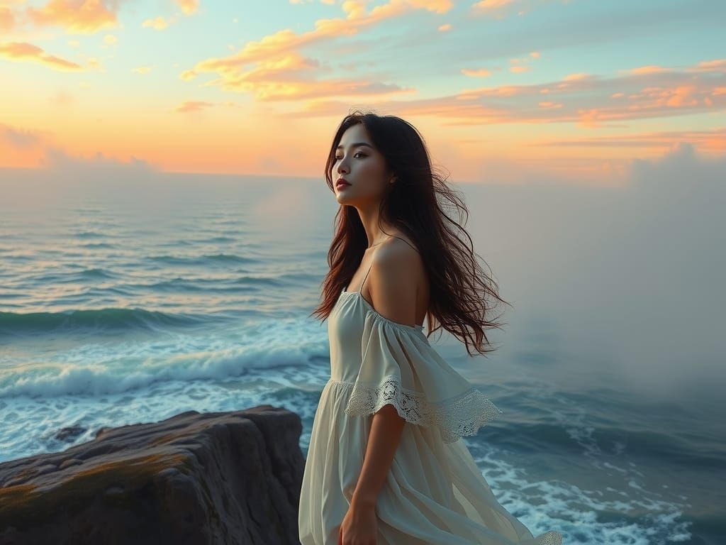 Woman Gazing at Ocean as Impressionist Oil Painting
