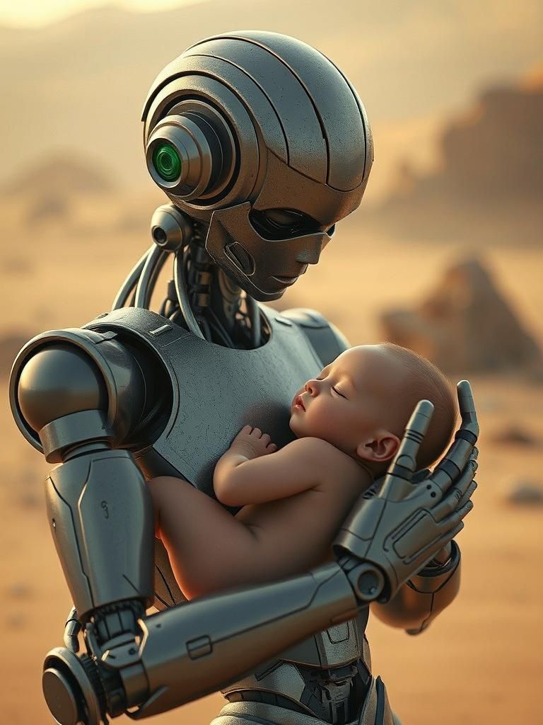 Robot Cradling Baby: Hyperrealistic Cinematic Still