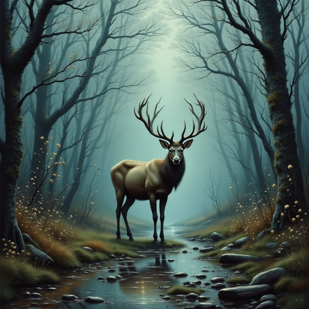 Mythical Stag in Enchanted Forest Scene
