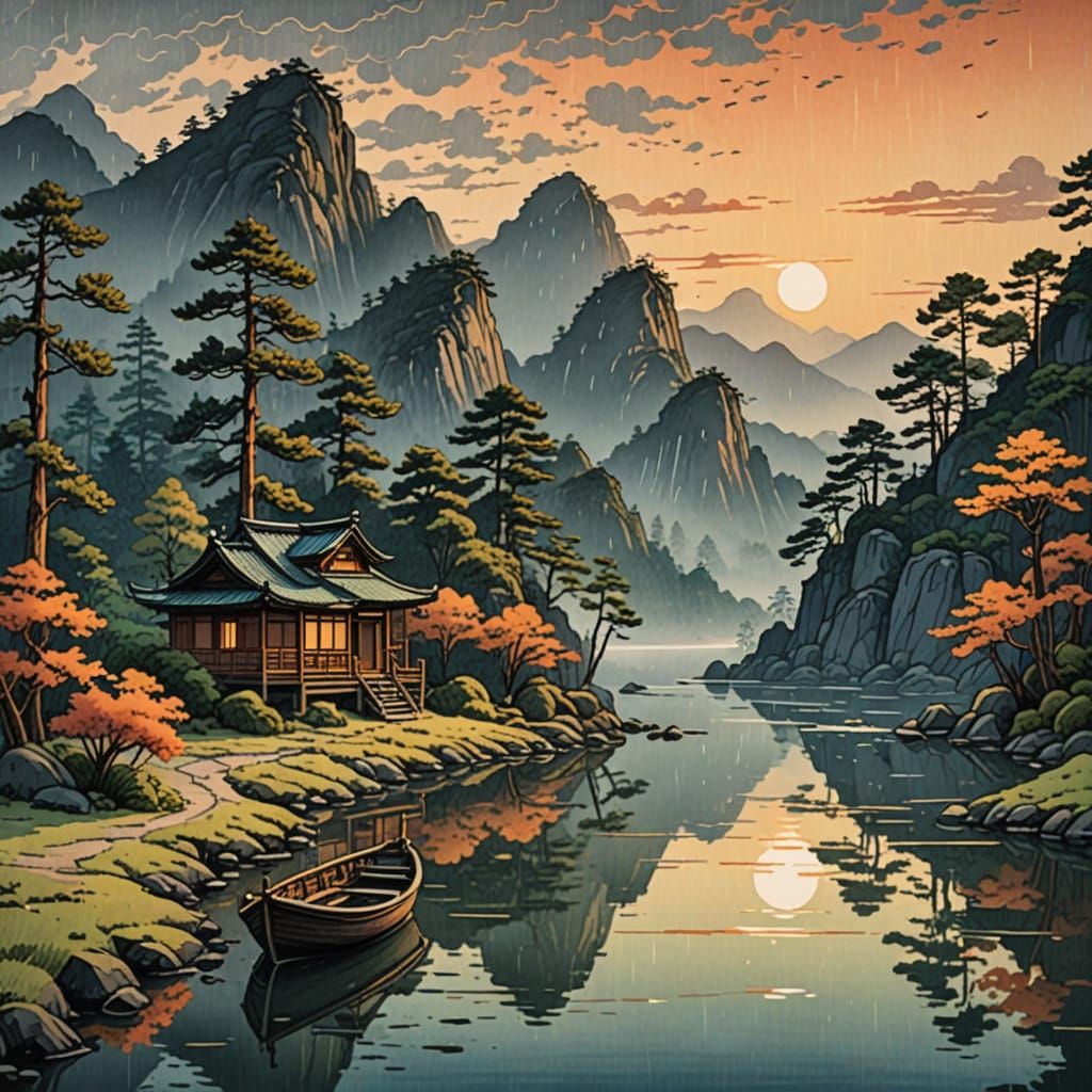 Serene Chinese Mountains in Ukiyo-e Style at Sunset