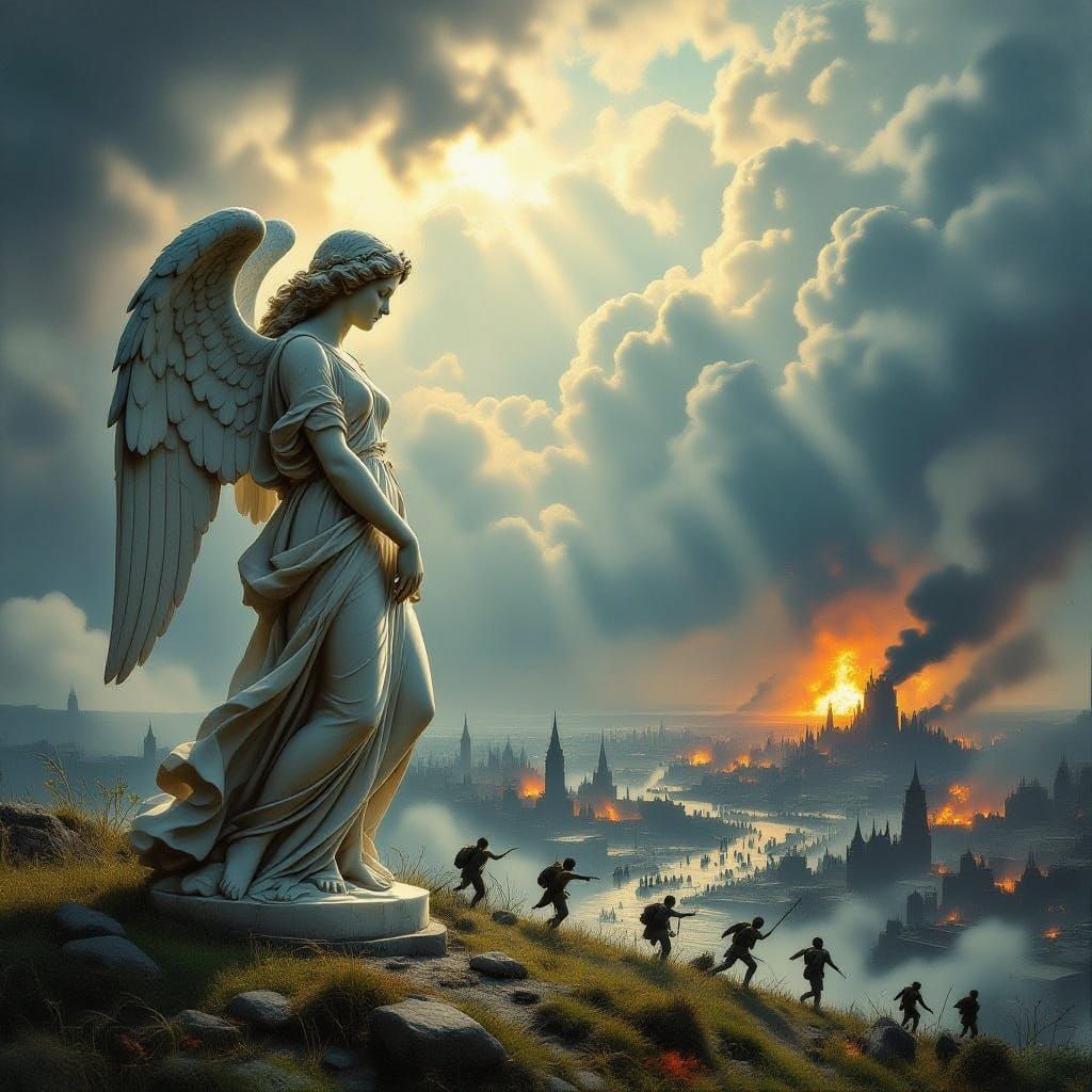 Vintage Angel Statue Overlooks Tragic War-Torn World