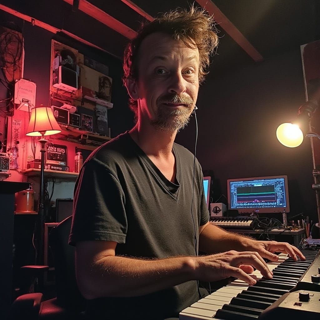 Vibrant Pop Art Portrait of a Musician in a Moody Studio