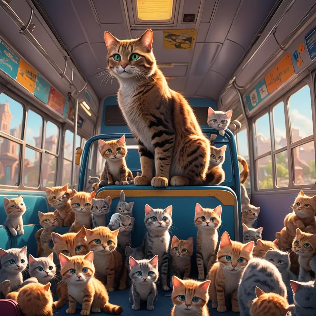 Proud Mom Cat Watches Kittens Board Bus: Pixar-Style 3D Art