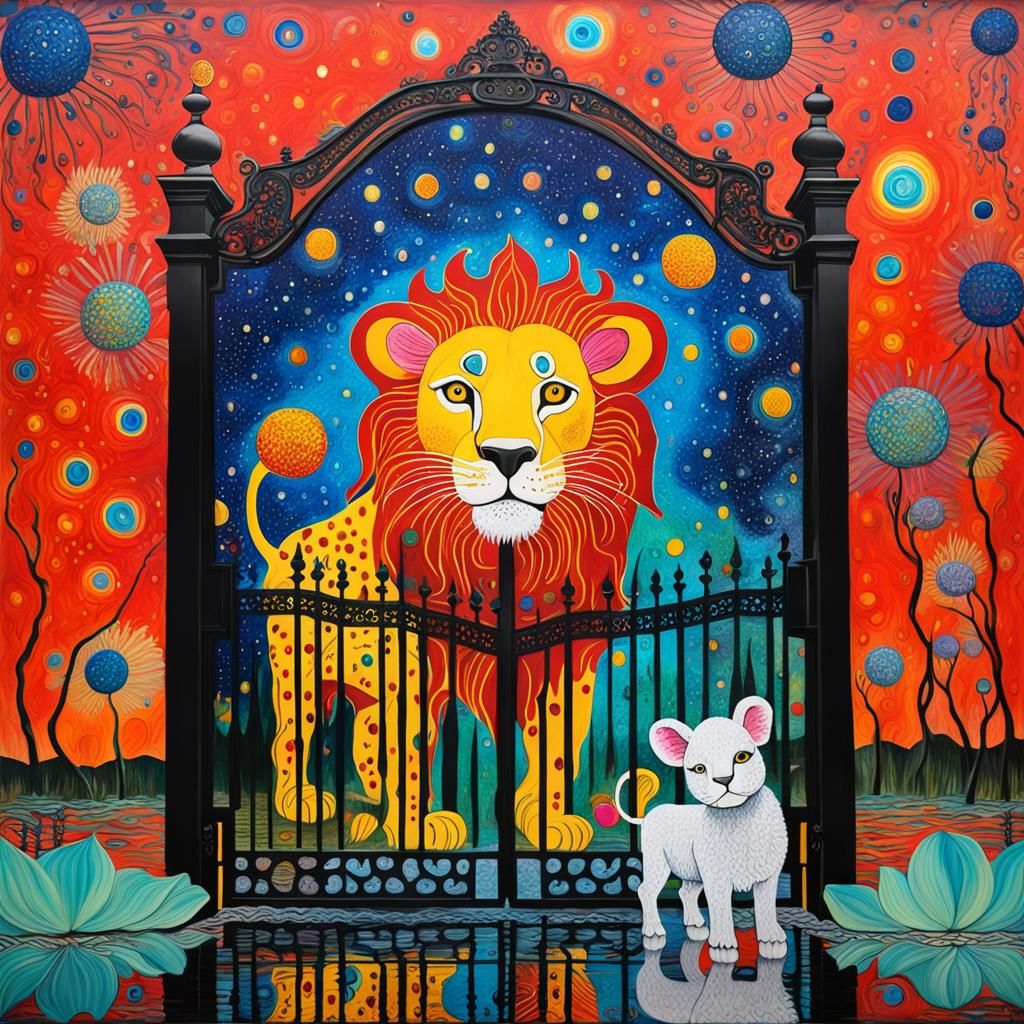 Surreal Lion and Lamb with Lotus, Acrylic Pour