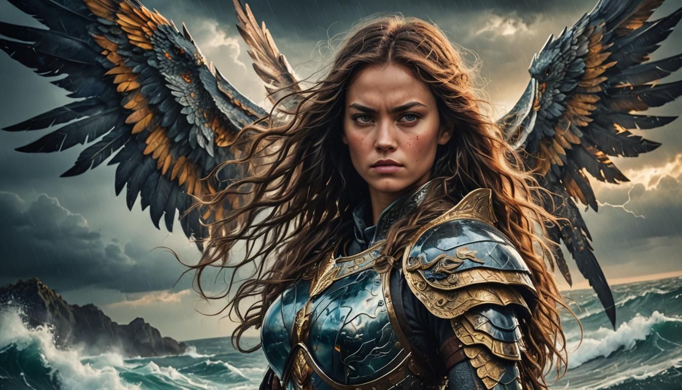 Woman with Wings in Warrior Armor, Acrylic Illustration