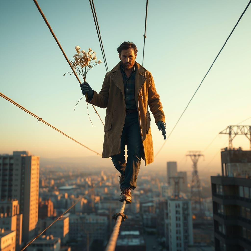 Man Walks High-Voltage Wires Under Golden Hour Sky