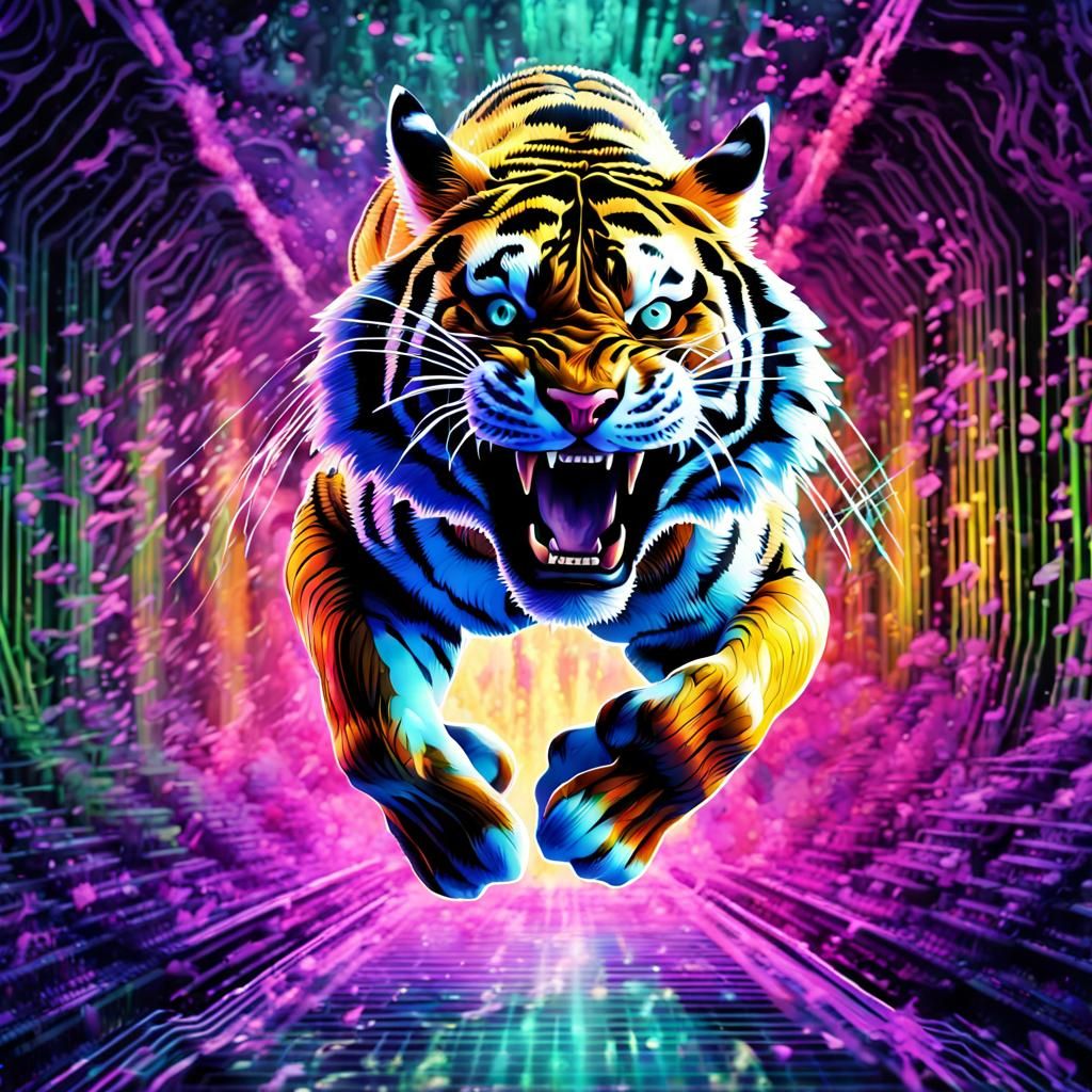 Hologlitch Tiger Roaring in Vaporwave Style