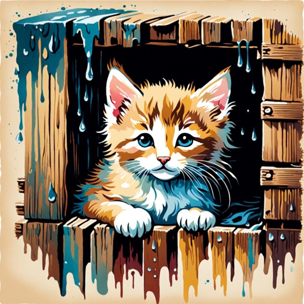 Watercolor Vintage Storybook Kitten in Rustic Setting