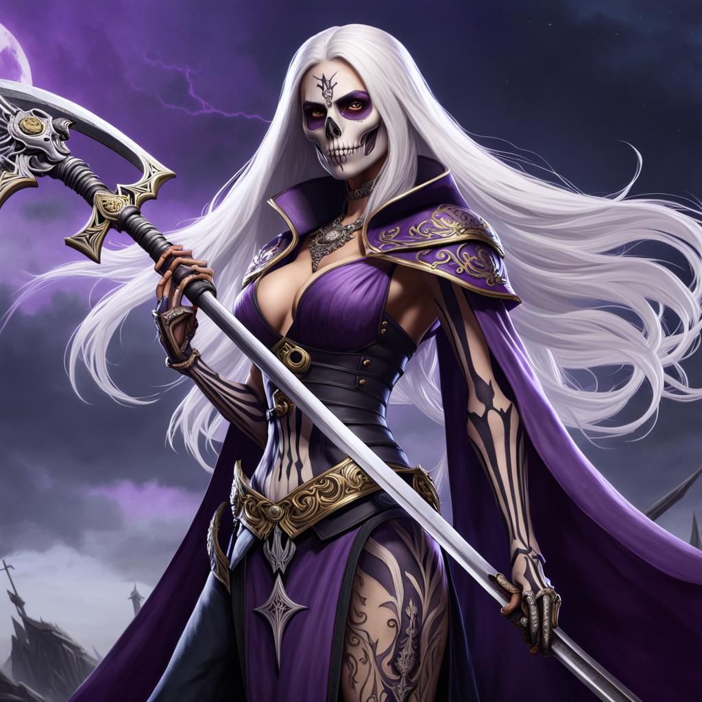 Woman with Skeleton Face Tattoo Holding Scythe