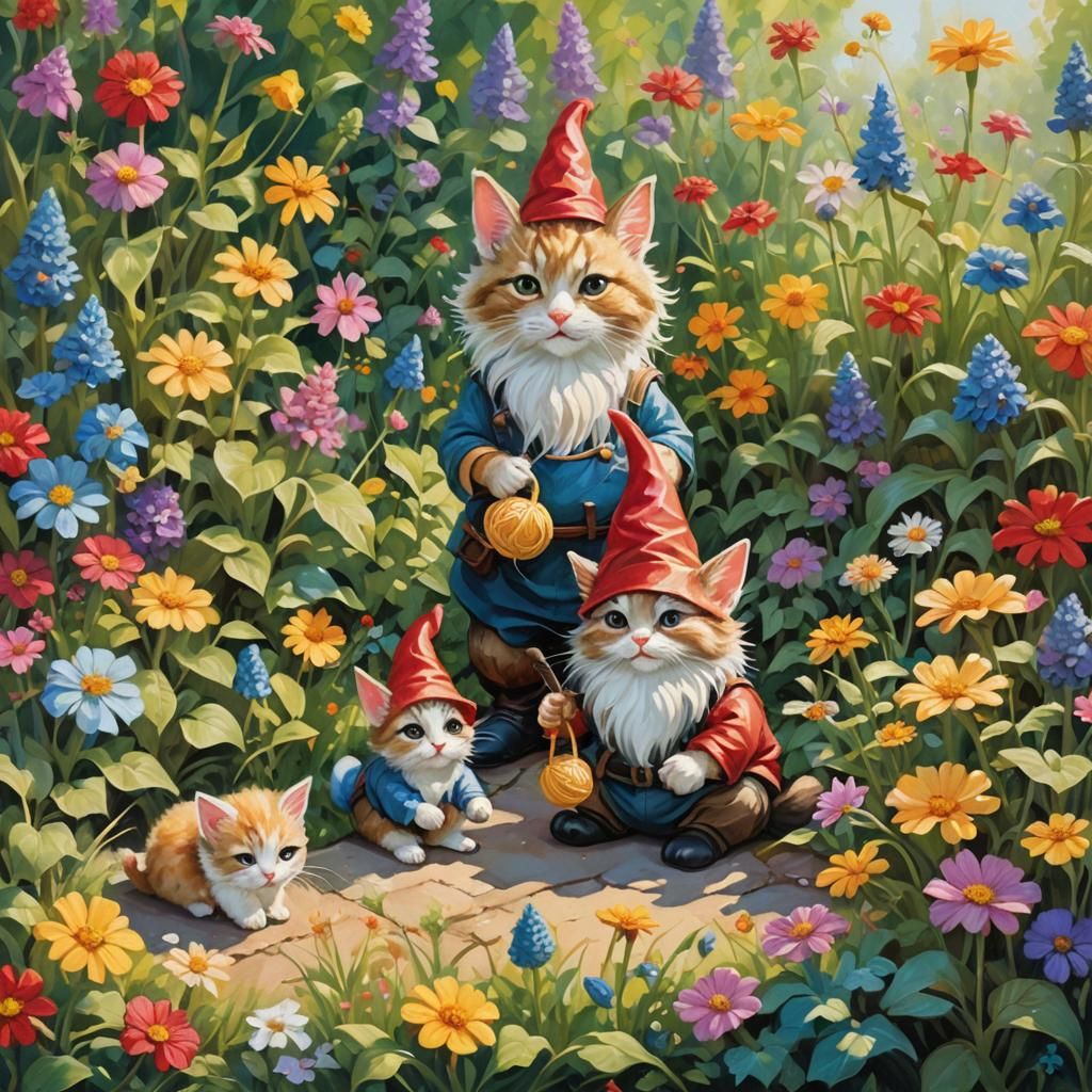 Gnomes and Kitten in Sun-Drenched Garden as Expressionist Pa...
