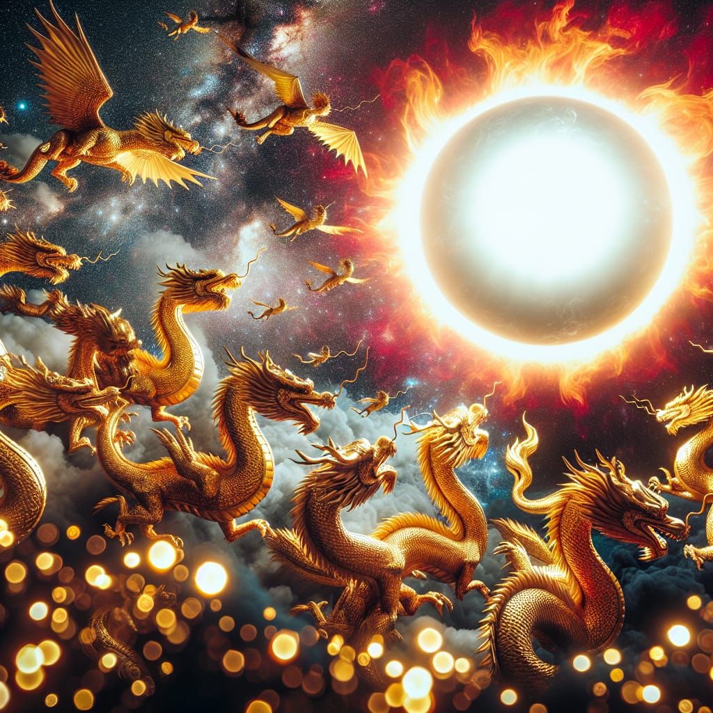 Golden Fire Dragons Defending Sun During Solar Eclipse