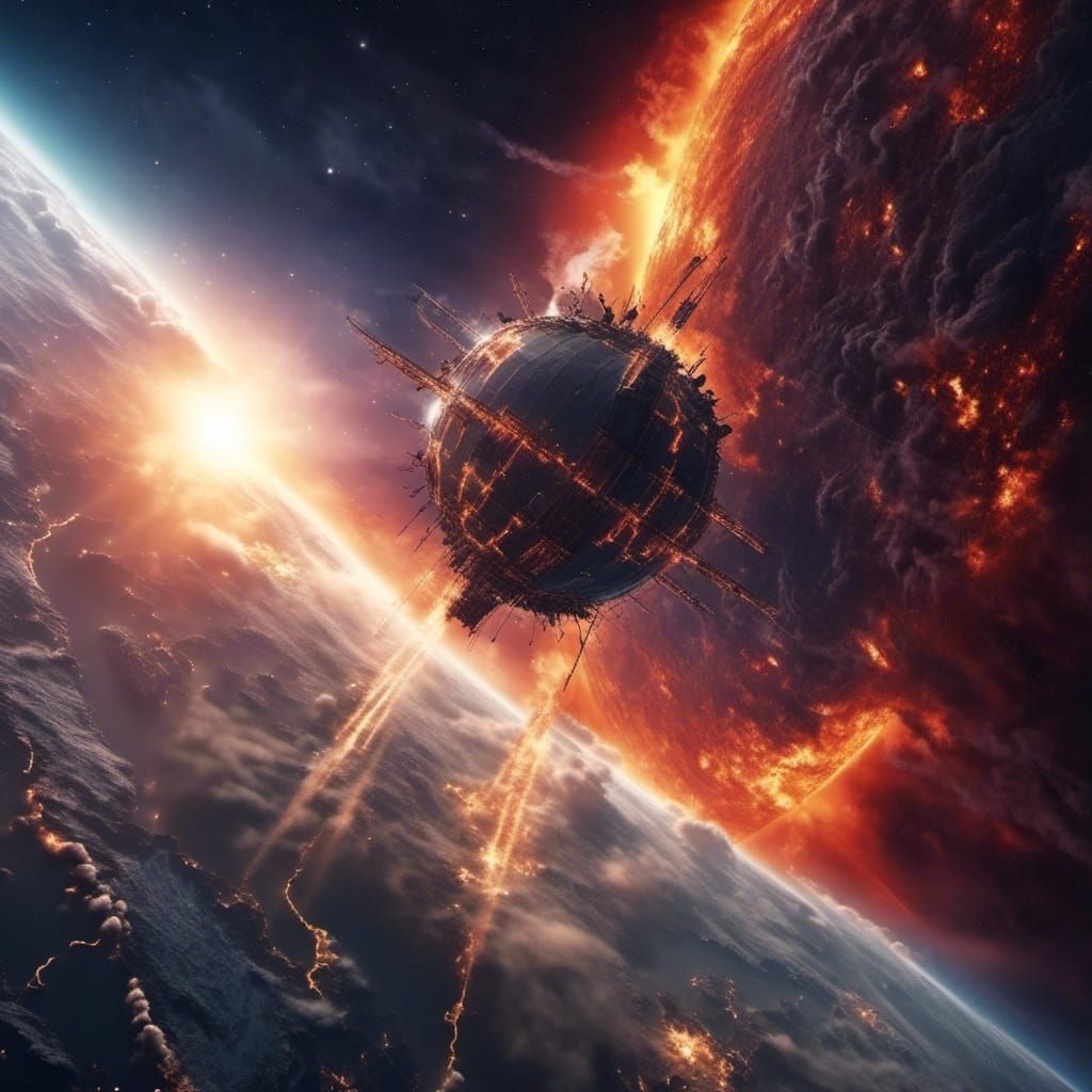 Satellite Orbiting Earth with Blazing Sun