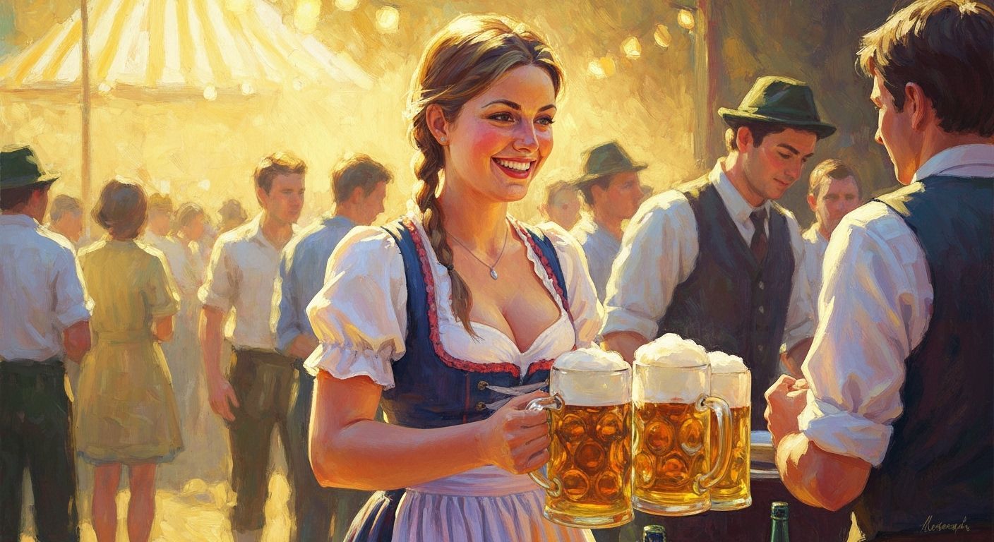 Impressionist Woman Serving Beer at Festival